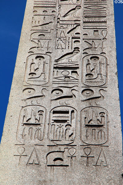 Hieroglyphics exalting reign of pharaoh Ramesses II (1279-1213 BCE) on Luxor Obelisk at Place de la Concorde. Paris, France.
