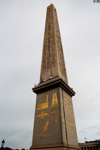 Luxor Obelisk given to France by Egypt sits atop modern base Luxor Obelisk at Place de la Concorde. Paris, France.