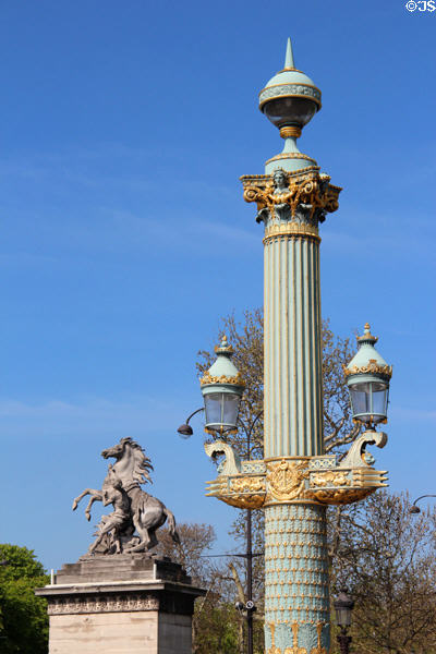 Lamp post & Marly horse at Place de la Concorde. Paris, France.