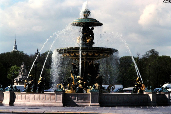 Fountain of Seas marks maritime commerce & industry of France (1840) by Jacques Ignace Hittorff in southern position on Place de la Concorde. Paris, France.