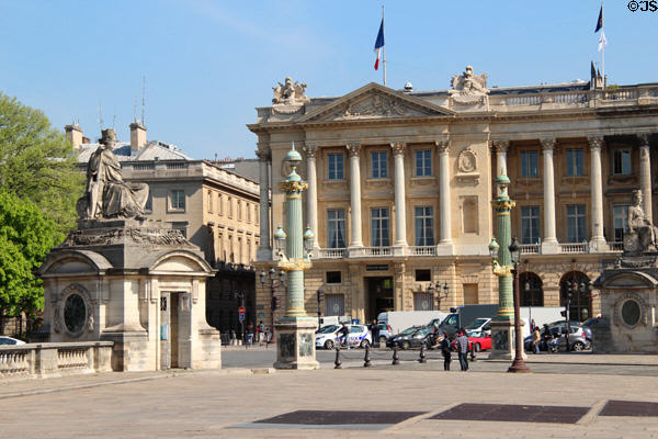 Brest statue by Jean-Pierre Cortot with Hotel de Crillon building beyond at Place de la Concorde. Paris, France.