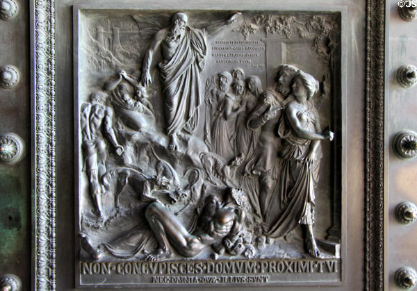 Detailed panel from Ten commandment bronze doors of Église de la Madeleine. Paris, France.