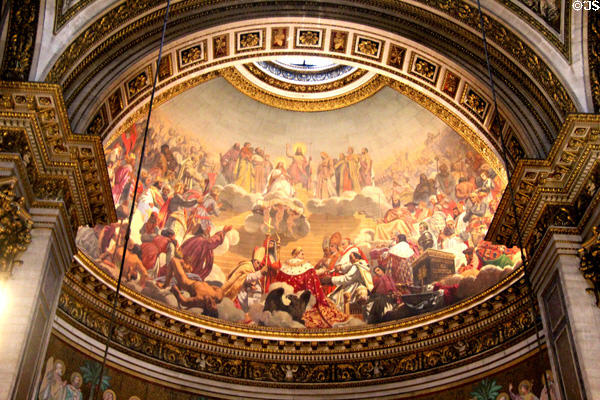 History of Christianity fresco by Jules-Claude Ziegler featuring Napoleon wearing red robe in nave at Église de la Madeleine. Paris, France.