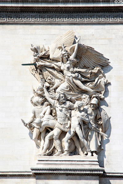 Le Départ de 1792 (departure of the Revolutionary volunteers or La Marseillaise) sculpture (1835-6) by François Rude on Arc du Triomphe. Paris, France.