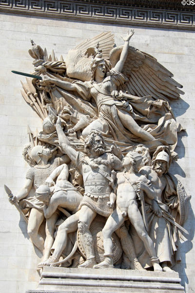 Le Départ de 1792 (departure of the Revolutionary volunteers or La Marseillaise) sculpture (1835-6) by François Rude on Arc du Triomphe. Paris, France.