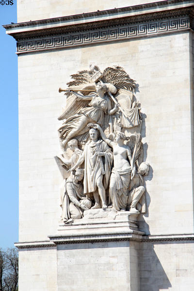 Le Triomphe de 1810 (celebrates Treaty of Schönbrunn in Vienna & features Napoleon) sculpture (c1836) by Jean-Pierre Cortot on Arc du Triomphe. Paris, France.