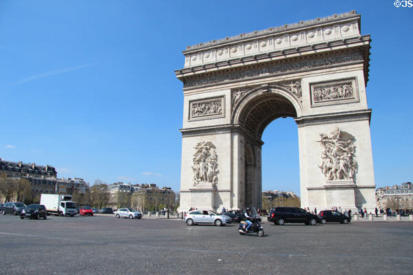 Traffic circles around Arc du Triomphe on Place Charles de Gaulle (formerly Place de l'Étoile). Paris, France.
