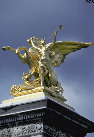 Gilded trumpeter with horse on pillar of Alexandre III bridge. Paris, France.