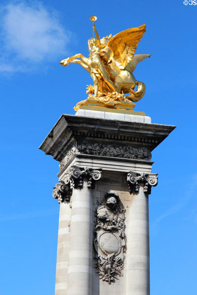 Fame of Industry restraining Pegasus sculpture (1900) by Clément Steiner on Pont Alexandre III. Paris, France.