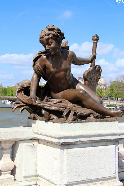 Neva River nymph sculpture celebrate Franco-Russian Alliance on Pont Alexandre III. Paris, France.