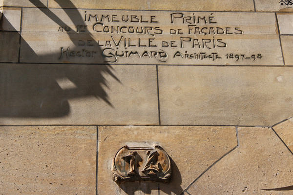 Engraved wall architect's signature at Castel Béranger Hector Guimard (1895-8) (12-14 rue Jean-de-La-Fontaine). Paris, France. Architect: Hector Guimard.