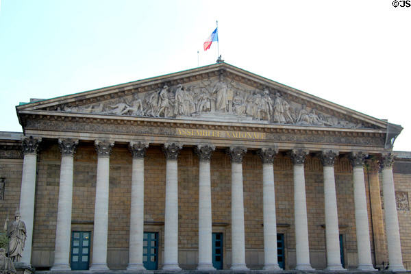 Columns & pediment added (c1806) to Palais Bourbon under Napoleon's First French Empire to serve as French National Assembly. Paris, France. Style: Neoclassical. Architect: Bernard Poyet.