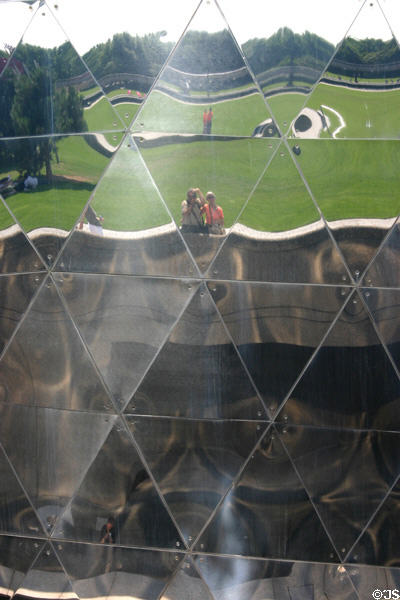 Reflective panels of La Géode geodesic dome at Parc de la Villette. Paris, France.