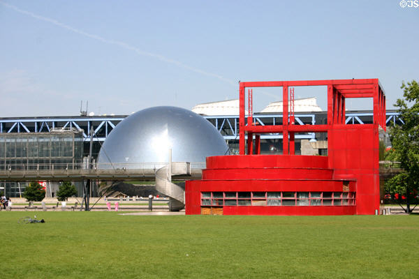 La Géode geodesic dome before City of Science and Industry science museum at Parc de la Villette. Paris, France.