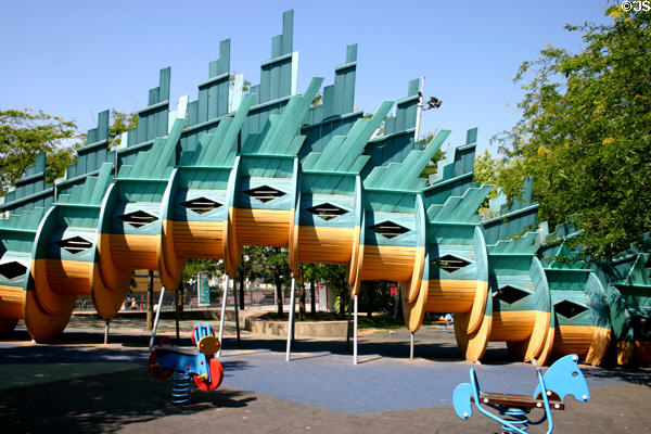 Dragon's backbone of playground slide at Parc de la Villette. Paris, France.