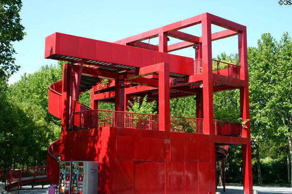 One of many red observation tower follies at Parc de la Villette. Paris, France.