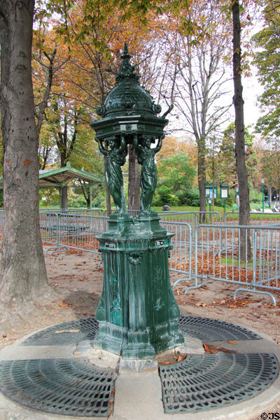 Classic Paris water drinking fountain supported by four graces (1872) conceived by Sir Richard Wallace & sculpted by Charles-Auguste Lebourg. Paris, France.
