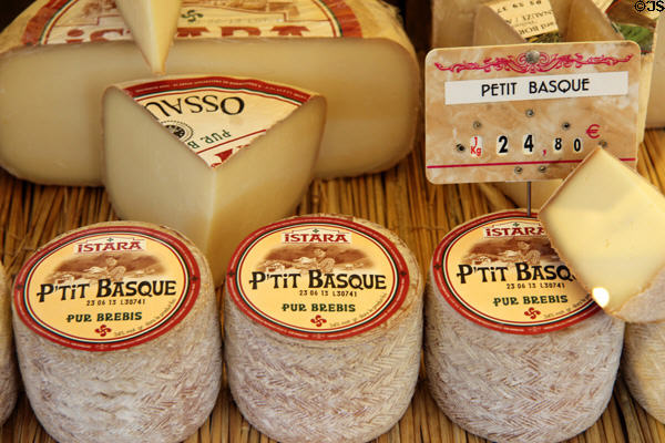 Basque cheeses in shop. Paris, France.