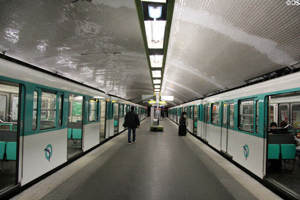 RATP metro trains at station platform. Paris, France.