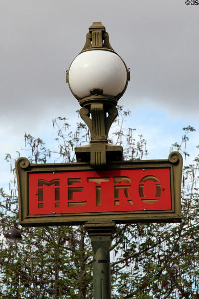 RATP metro station entrance lamp marker. Paris, France.