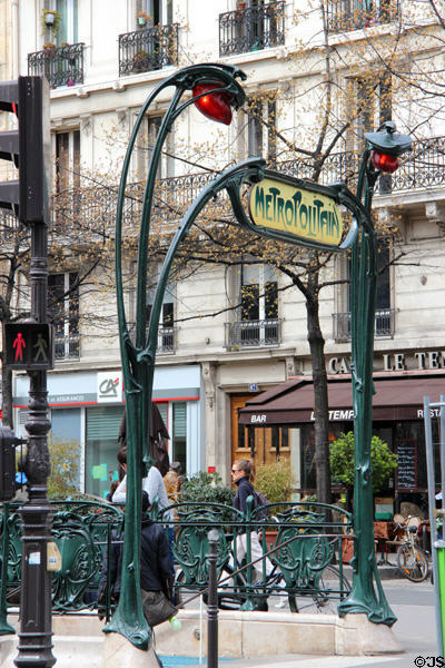 Details of Metropolitain sign & flower lights of Paris Metro entrance. Paris, France. Architect: Hector Guimard.