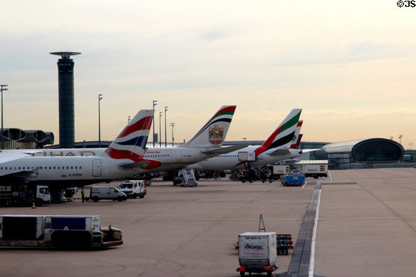 International passenger jet tails at Charles-de-Gaulle Airport. Paris, France.