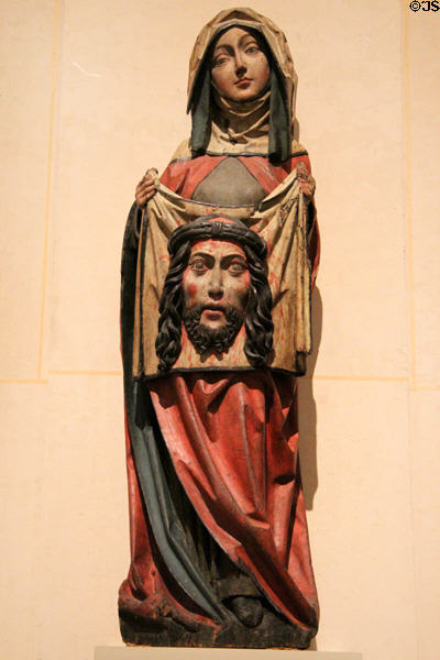 Ste Veronica with cloth bearing image of Christ wood carving (c1500) from Lower Swabia at Museum of Decorative Arts. Paris, France.