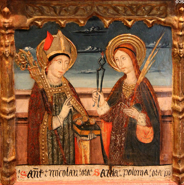 St Nicholas & Ste Poloma painting (end 15thC) by Master of Viella from Catalonia at Museum of Decorative Arts. Paris, France.