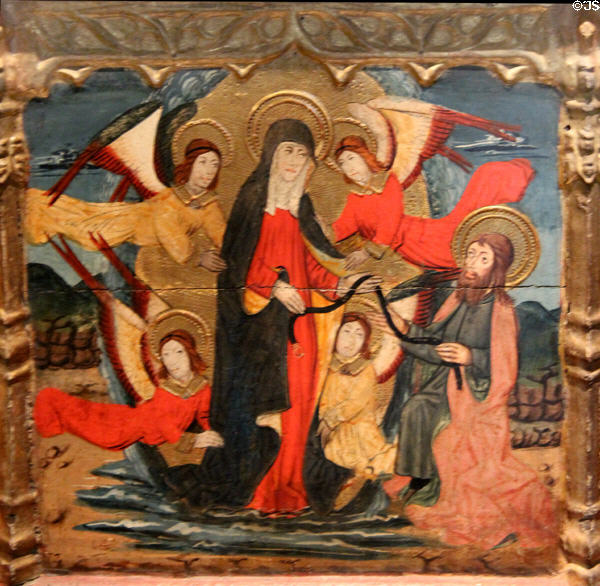 Virgin & St Thomas painting (end 15thC) by Master of Viella from Catalonia at Museum of Decorative Arts. Paris, France.