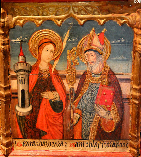 Ste Barbara & St Blasi painting (end 15thC) by Master of Viella from Catalonia at Museum of Decorative Arts. Paris, France.
