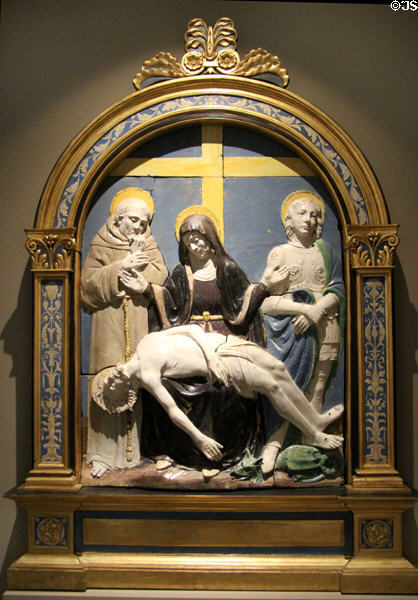 Virgin & Christ between Sts Francis & George glazed ceramic (c1520) attrib. workshop of Buglioni of Florence at Museum of Decorative Arts. Paris, France.