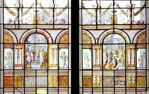 Glass panels with Biblical scenes painted by Dirck Crabeth of Leiden at Museum of Decorative Arts. Paris, France.