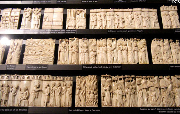 Collection of low relief bone plaque carvings of Biblical stories by Embriachi workshop (c1370-1433) in Florence then Venice at Museum of Decorative Arts. Paris, France.