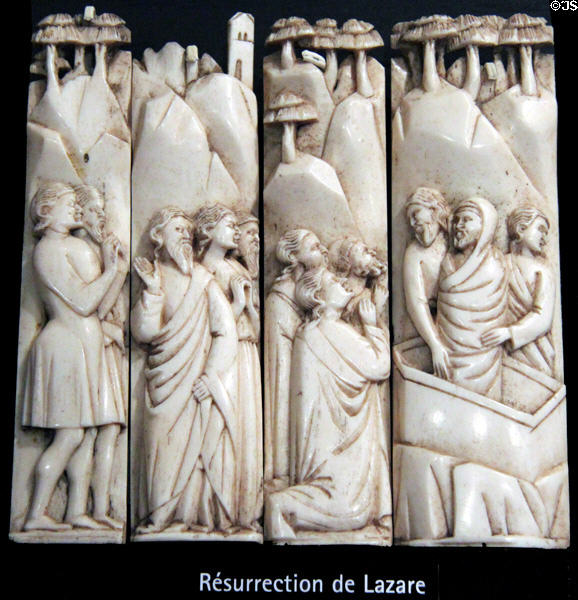 Resurrection of Lazarus bone carvings by Embriachi workshop (c1370-1433) in Florence then Venice at Museum of Decorative Arts at Museum of Decorative Arts. Paris, France.