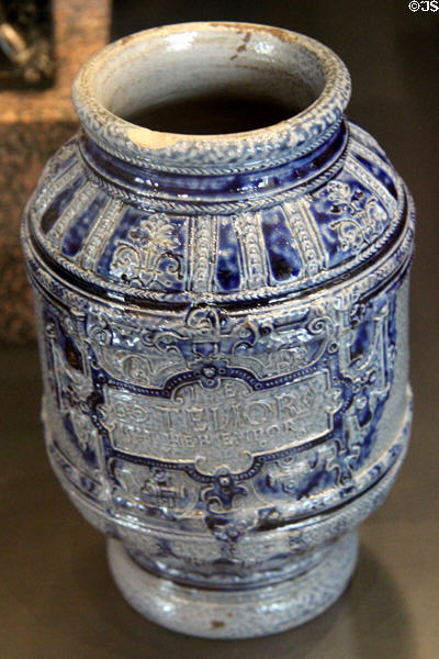 Salt glaze pharmacy pot (1590-1600) by workshop of Jan Emens Raeren of southern Low Countries at Museum of Decorative Arts. Paris, France.