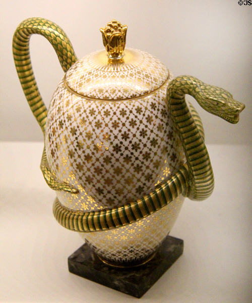 Porcelain teapot with snake handle (1833) by Sèvres at Museum of Decorative Arts. Paris, France.