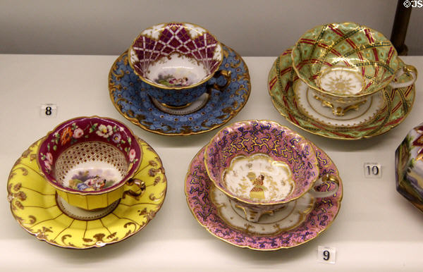 Porcelain cups & saucers (1830-50) by Bastien & Bugeard of Paris at Museum of Decorative Arts. Paris, France.