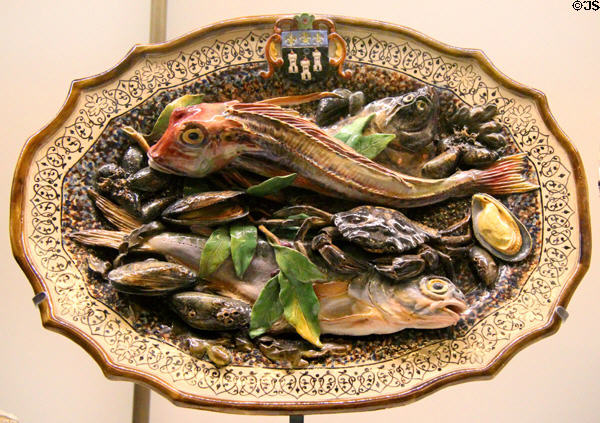 Ceramic plate with models of fish & seafood (c1889) by August Chauvigné of Tours (shown Paris Expo 1889) at Museum of Decorative Arts. Paris, France.