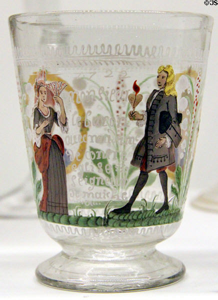 French glass enamelled goblet with inscriptions (1722) at Museum of Decorative Arts. Paris, France.