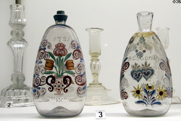 French glass flagons (1721&51) & glass candlesticks (18thC) at Museum of Decorative Arts. Paris, France.