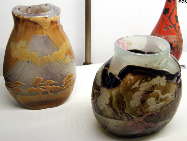 Engraved glass vases (1884) show Mount Fuji & Japanese cascade by François-Eugène Rousseau & Ernest Léveillé at Museum of Decorative Arts. Paris, France.