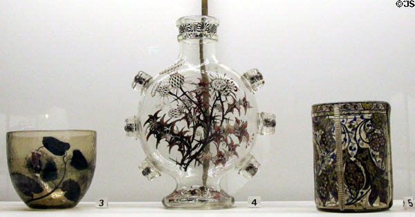 Glass vases: leaves (1884) , thistle (1888) & orientalisant (1888) by Émile Gallé at Museum of Decorative Arts. Paris, France.