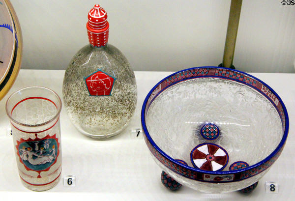 Enamelled glass goblet (1919), flask (1921) & tripod bowl (1912) by Maurice Marinot of France at Museum of Decorative Arts. Paris, France.