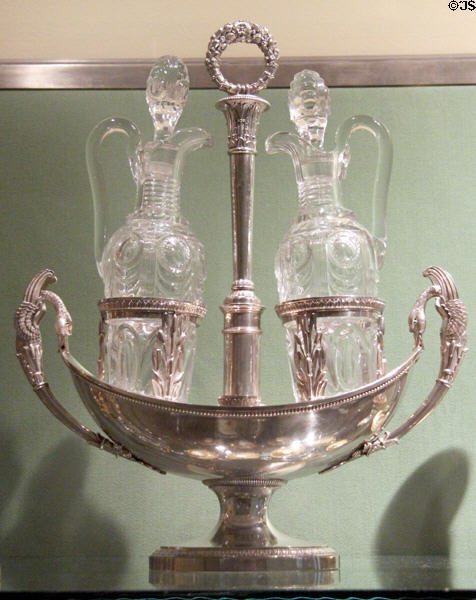 Oil & vinegar cruets on silver stand in form of boat (1819-38) from Paris at Museum of Decorative Arts. Paris, France.