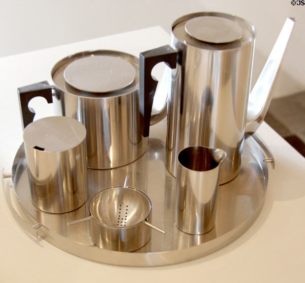 Cylinda Line tea & coffee service (1967) by Arne Jacobsen of Denmark at Museum of Decorative Arts. Paris, France.