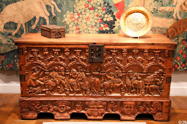 Oak chest carved with royal scenes (c1515) from France at Museum of Decorative Arts. Paris, France.