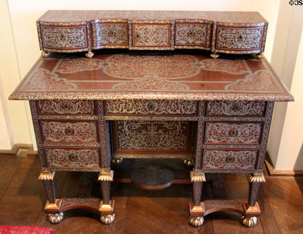 Portable desk with desktop storage drawers with tin marquetry (c1670-80) from Paris at Museum of Decorative Arts. Paris, France.