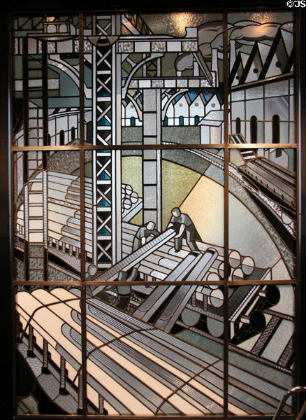 "Dispatching Metal Sections by Rail" stained-glass window (c1930) by Jacques Gruber from Nancy sat Museum of Decorative Arts. Paris, France.