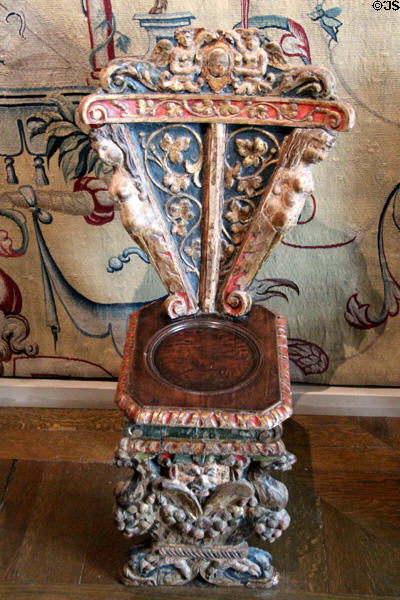 Sgabello (stool) carved with mask & baskets of fruit (16thC) from Venice at Museum of Decorative Arts. Paris, France.