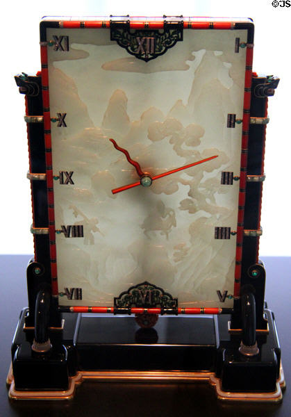 Oriental-style jade table clock with precious stones (1927) by jeweller Louis Cartier & mechanism by Maurice Couët from Paris at Museum of Decorative Arts. Paris, France.